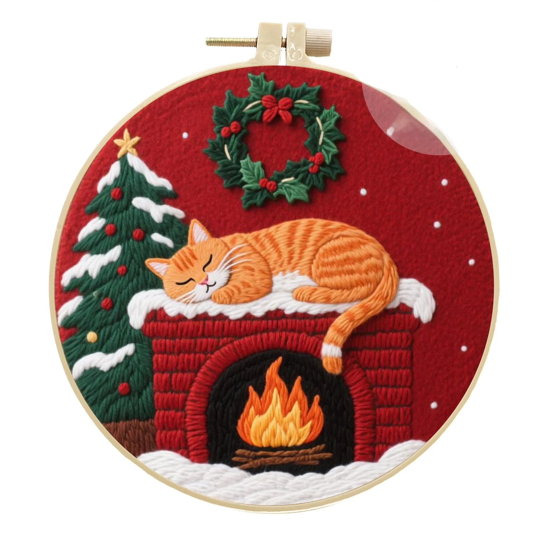 DIY embroidery material kit showing cotton linen fabric with cat and autumn fruit design, optional bamboo hoop and scissors