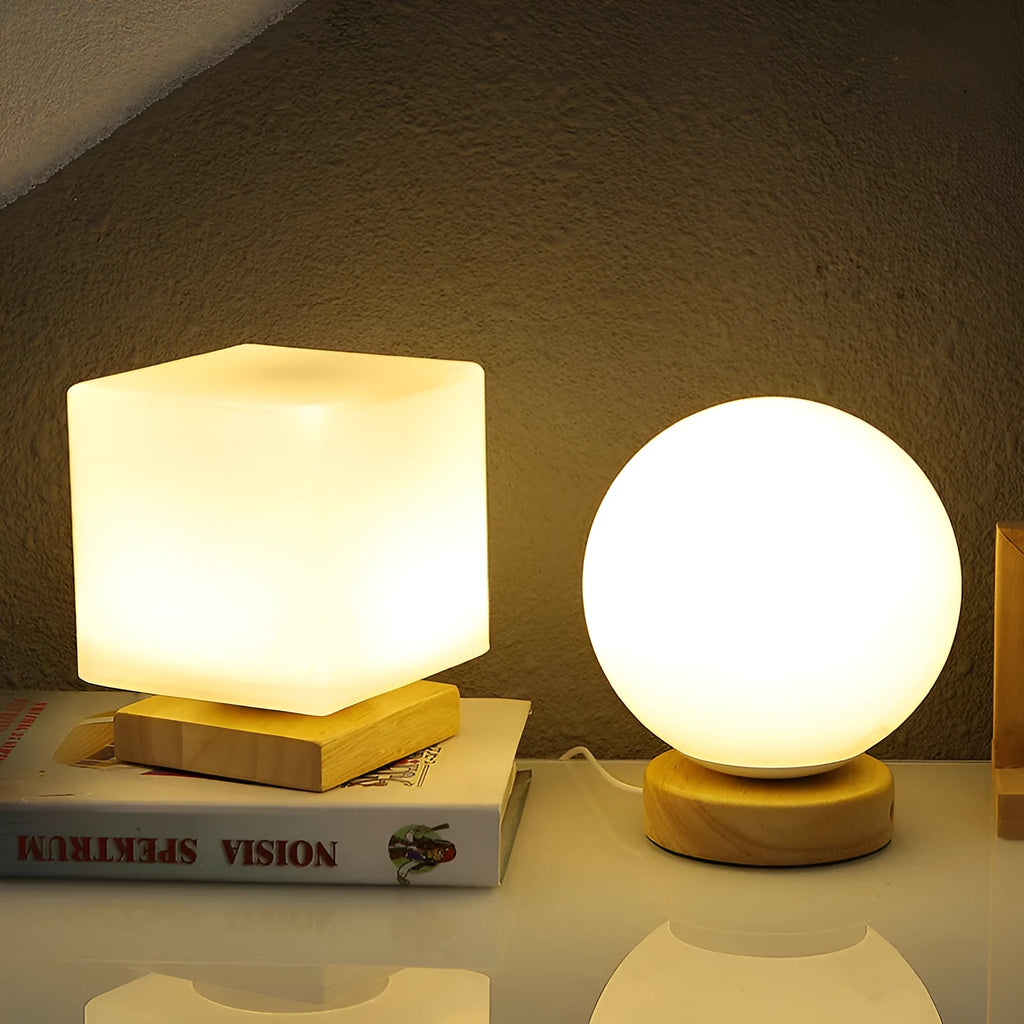 Nordic solid wood USB table lamp with touch dimming showing cube, cylinder, and ball light modes