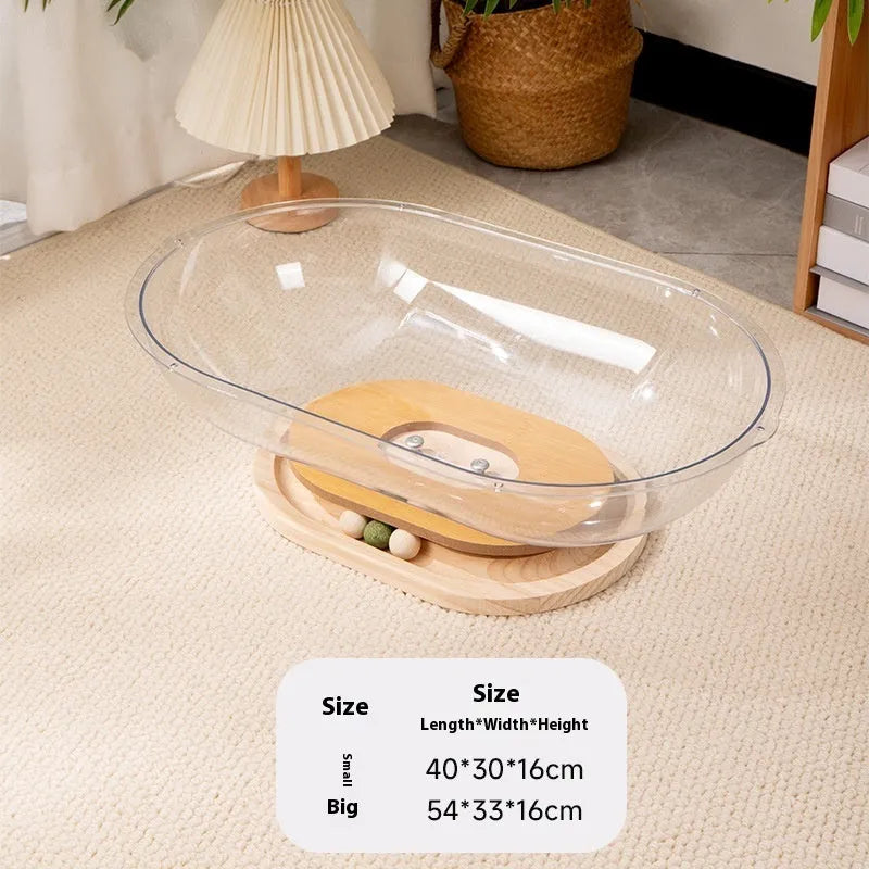 Transparent acrylic space capsule bathtub cat bed on a white background