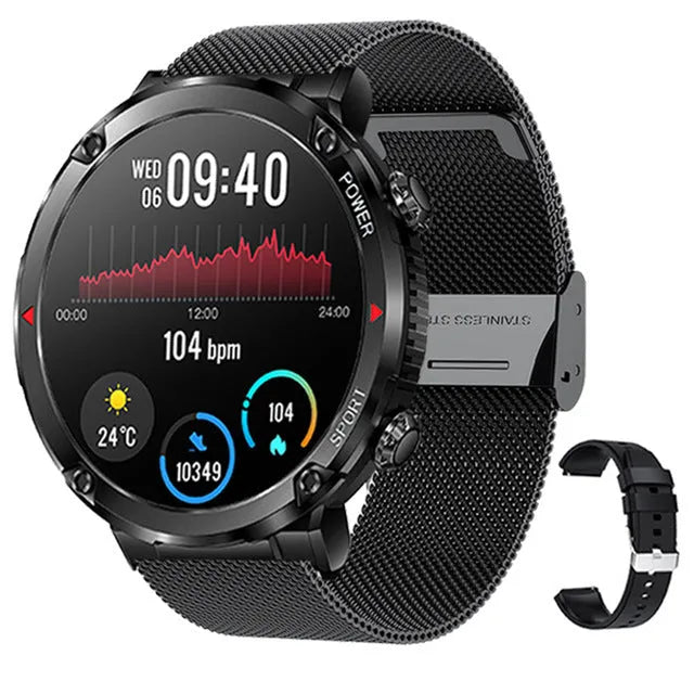 T30 Smart Watch in black on wrist showing display with heart rate and time