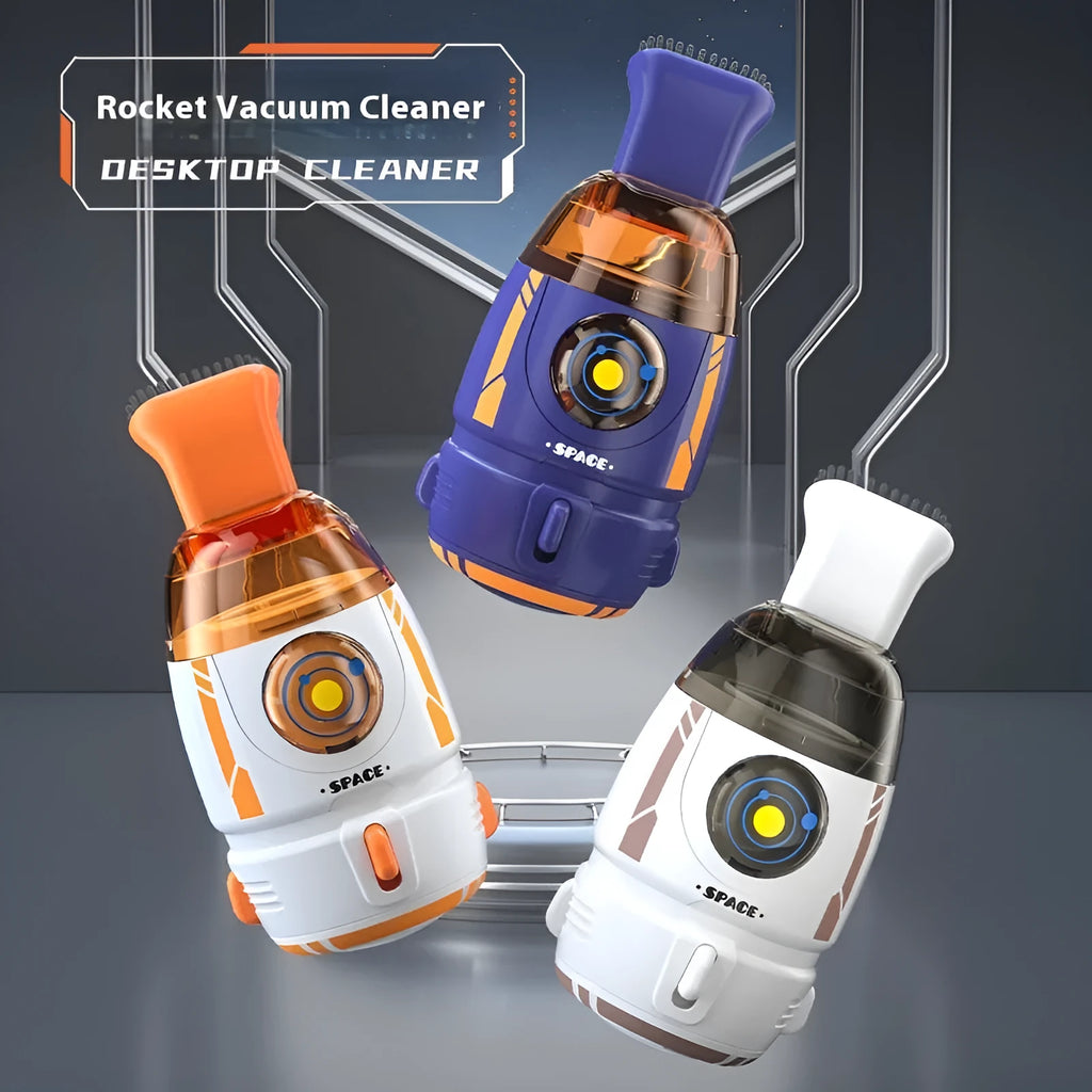 USB handheld desktop vacuum cleaner in blue rocket design on a wooden desk