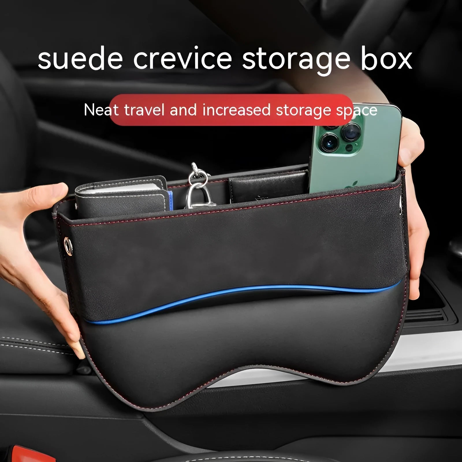Leather car seat storage organiser box in a choice of five colours, shown on a vehicle seat.