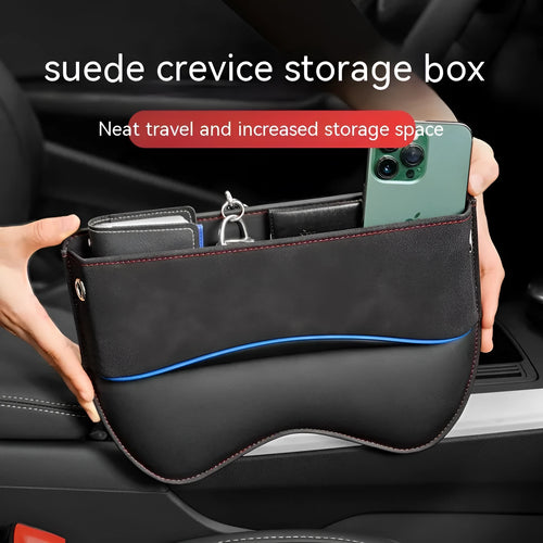 Leather car seat storage organiser box in a choice of five colours, shown on a vehicle seat.