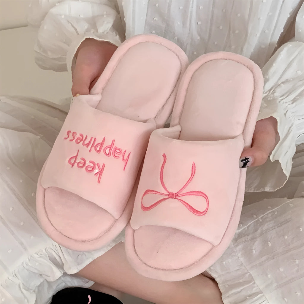 Ladies cotton slippers with bow and English letter pattern in beige yellow colour flat bottom