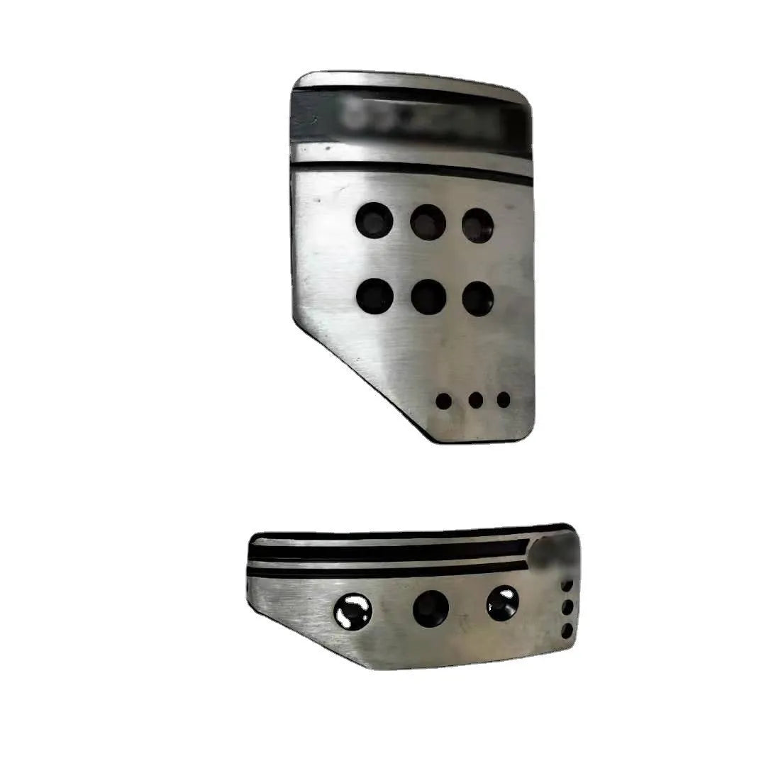 Aluminium alloy car pedal set for manual transmission showing brake, clutch, and accelerator with screws and nuts