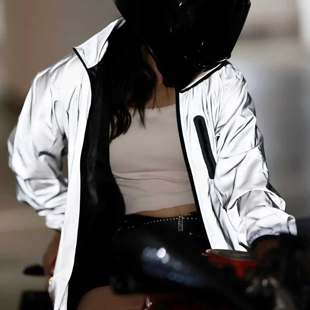 Silver waterproof polyester long sleeved jacket with windproof function, shown on hanger