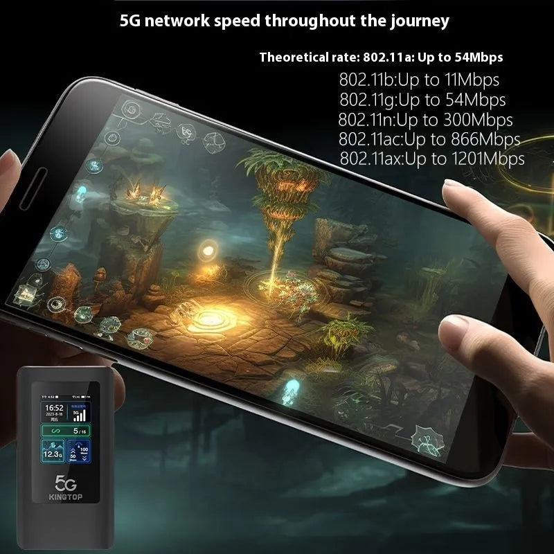 Black portable 5G Wi-Fi router showing LCD display and compact size next to charging cable