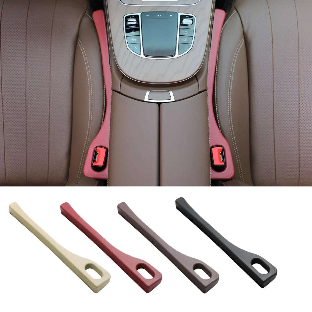 A flexible polyurethane car seat gap filler strip in black, placed between a car seat and centre console.