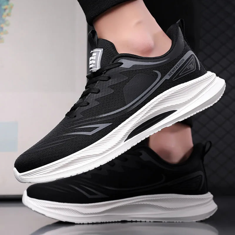 Men's solid colour casual shoes with mesh upper and rubber sole in black, blue, gray, and green options.
