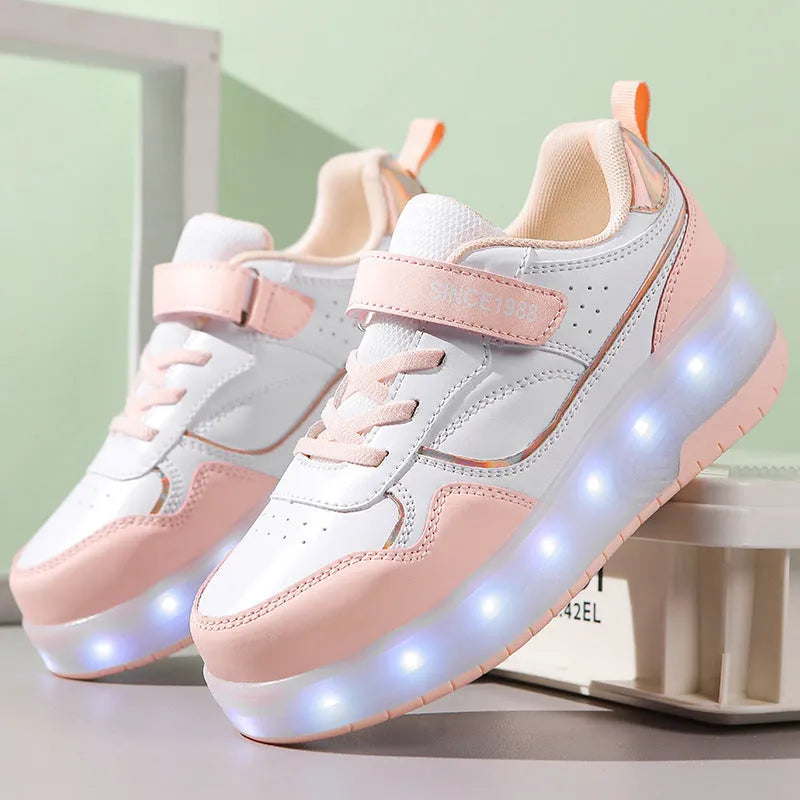 Charging LED roller skates for boys and girls in pink, showing two-wheel and four-wheel style options.