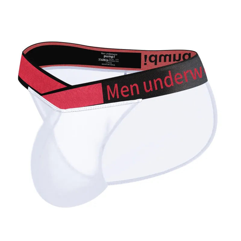 Men's transparent ice silk breathable underwear briefs with large V gradient high fork in red colour