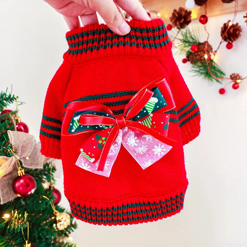 Red and green dog christmas sweaters, polyester festive pet jumper for small to medium dogs.