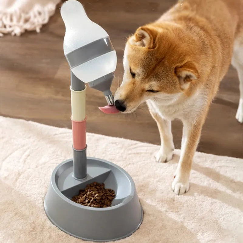 Grey adjustable height pet water dispenser bowl on a stand with a drinking nozzle