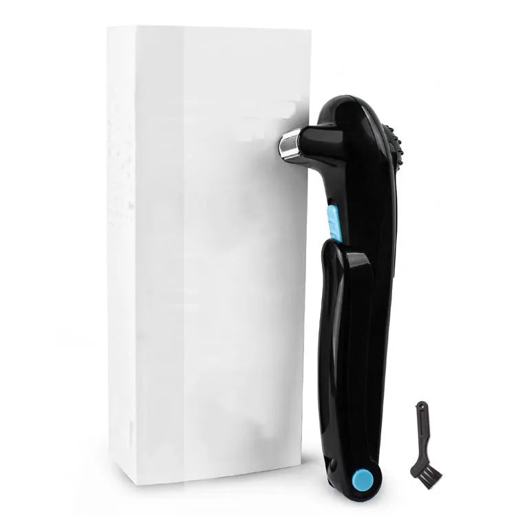 Black folding dry battery electric shaver for body hair removal on a white background.