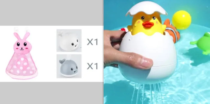 Electric whale-shaped baby bath toy with water spray, LED lights, and automatic water sensor
