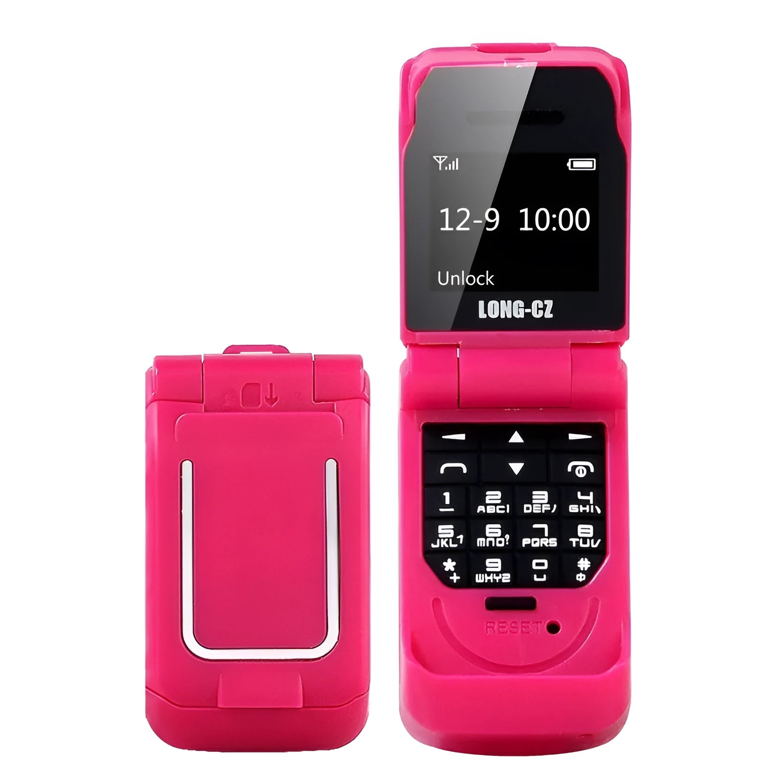 Mini flip phone in six colours with flip cover open showing small screen