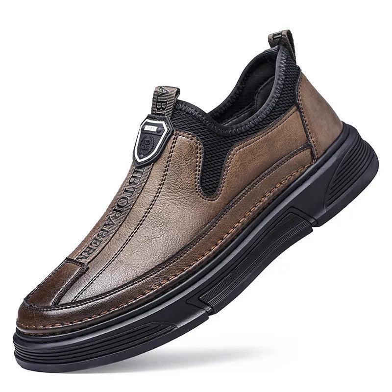 Men's black and brown leather casual shoes with round toe design on size display