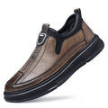 Men's black and brown leather casual shoes with round toe design on size display