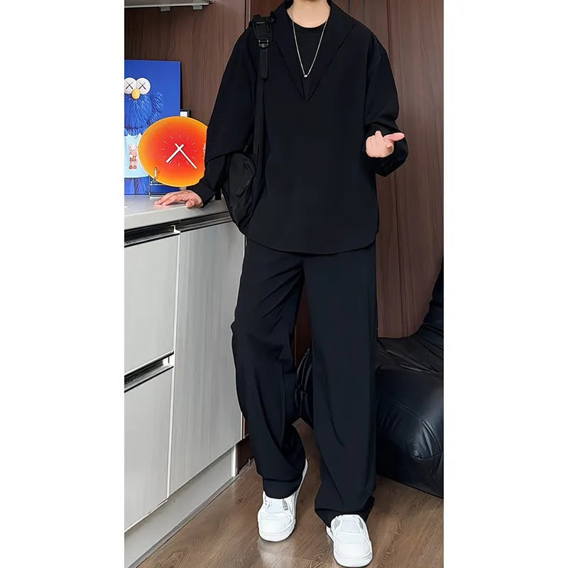 Men's black casual long sleeve polo shirt and trousers two-piece suit set in slim fit sports style