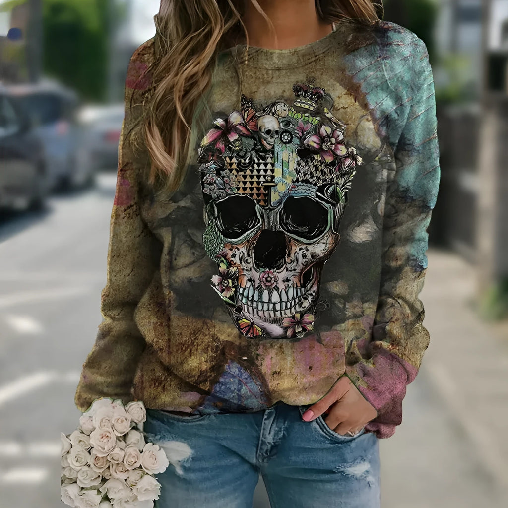 Black long sleeve sweatshirt with skull print graphic, made from polyester knit fabric