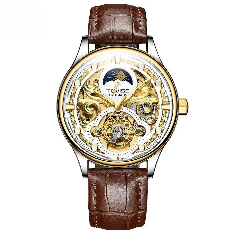 Men's gold leather strap automatic mechanical watch with business design and waterproof case