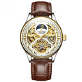 Men's gold leather strap automatic mechanical watch with business design and waterproof case