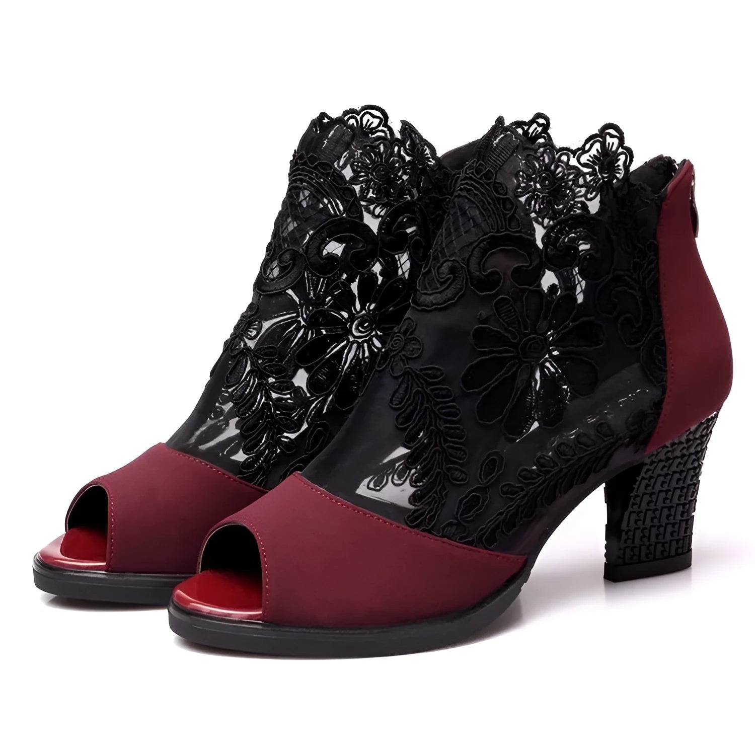 Black women's gladiator sandals with floral lace upper, high square heel, and a front zip closure.
