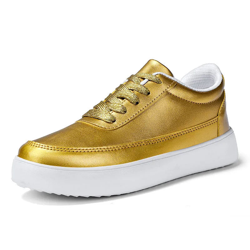 Women's white leather flat casual shoes with front lace-up closure.