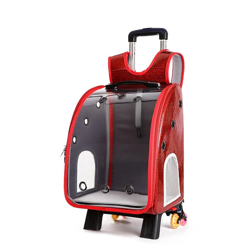 Blue transparent pet trolley bag with folding shoulder strap for small dogs and cats