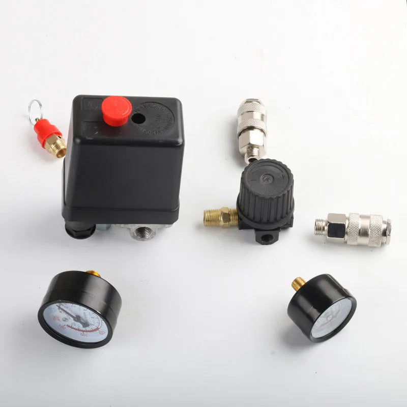 European style air compressor pressure switch with technical specifications printed on housing