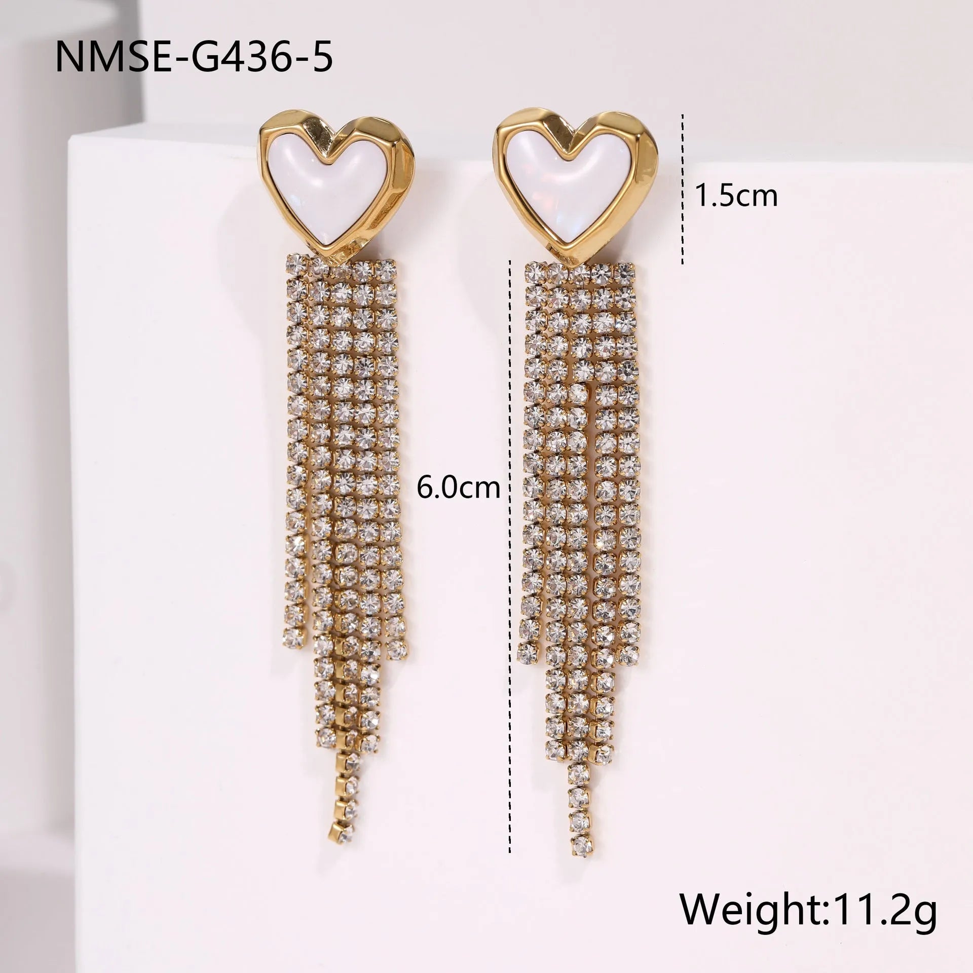 Stainless steel heart and star earrings with diamond tassel design and 18K gold electroplating
