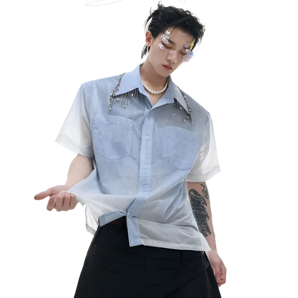 Blue to white gradient men's short-sleeved loose fit polyester shirt