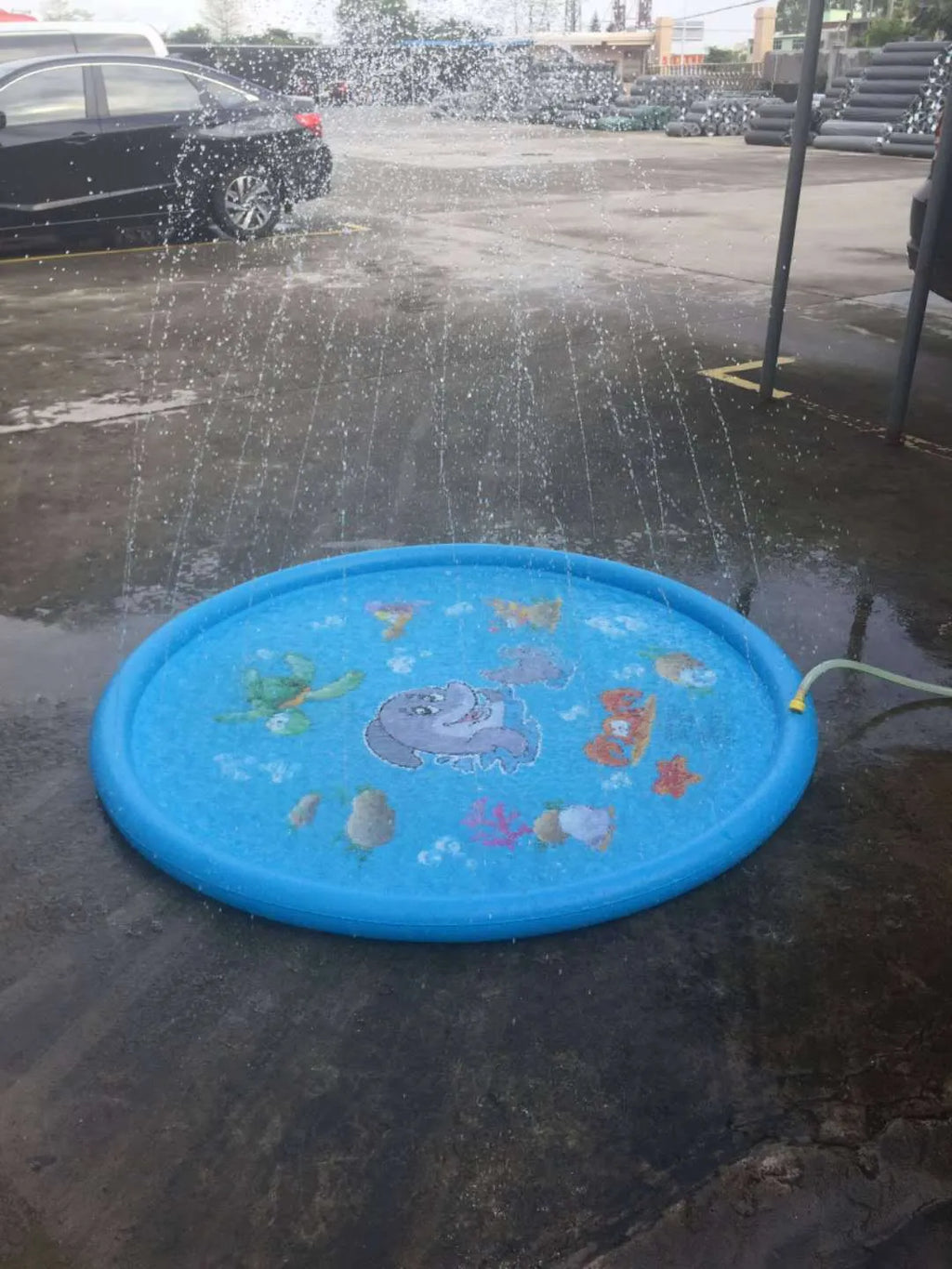 Blue PVC children's water spray mat with marine animal designs laid on grass