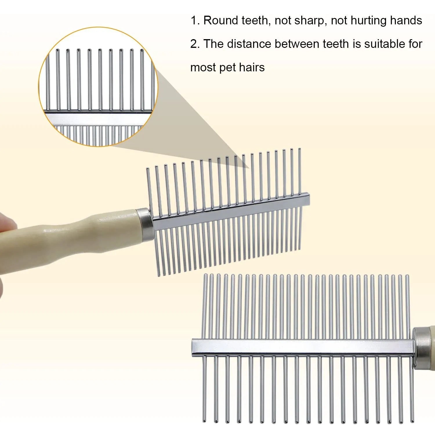 Wooden handle pet grooming comb for dogs and cats on a neutral background.