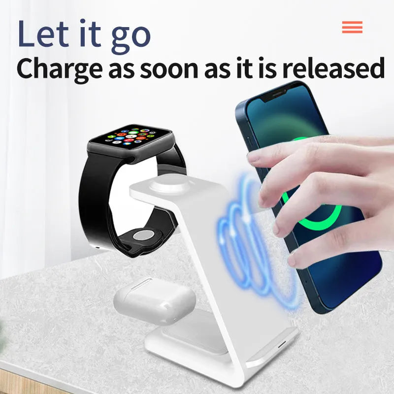 3-in-1 upright mobile phone holder wireless charger in black with Type-C cable on desk