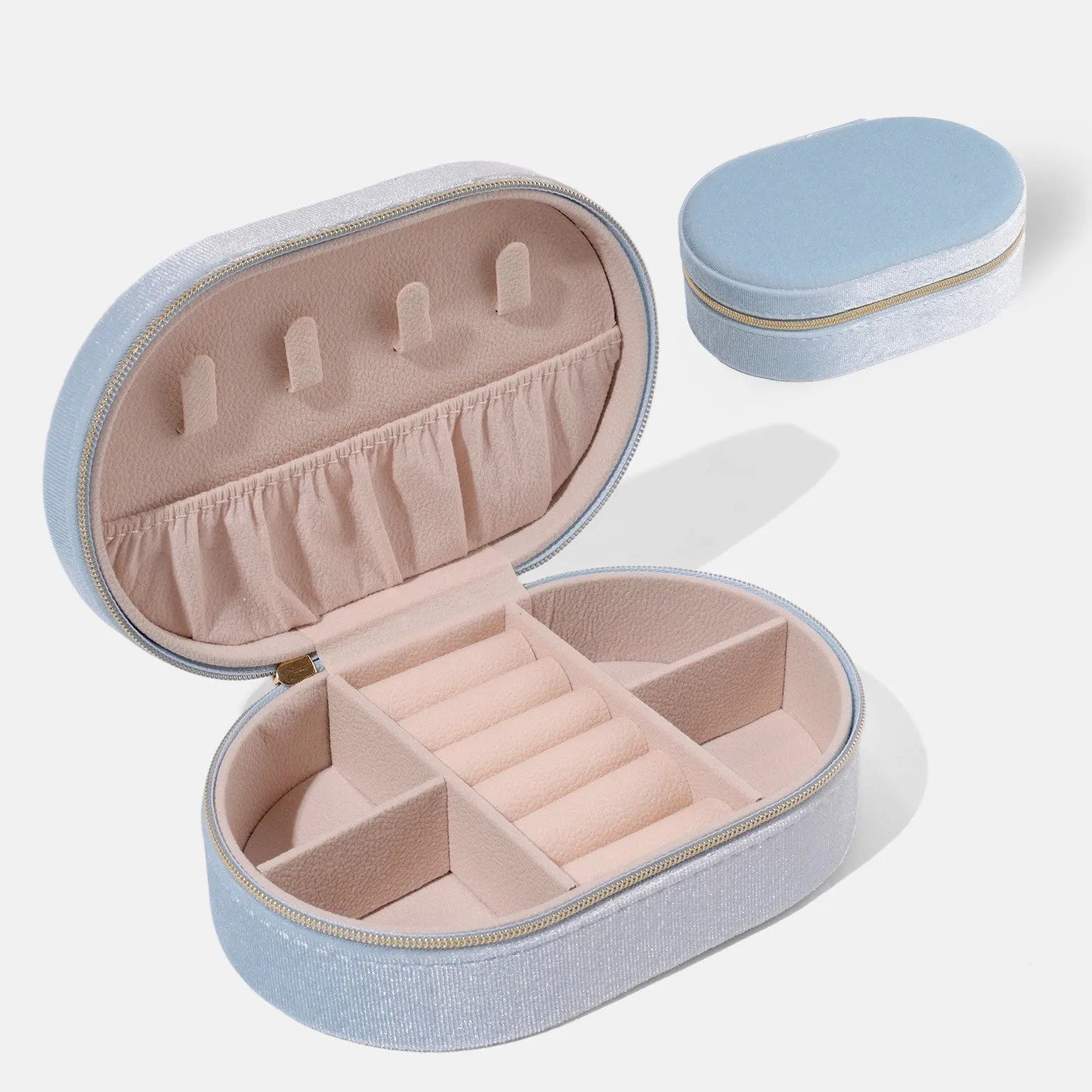 Oval velvet jewellery storage box in multiple colours with flannel lining for rings and earrings