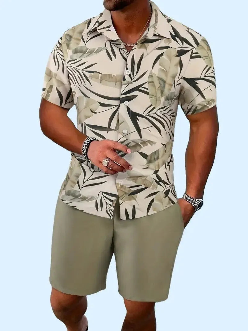 Man wearing a men's Hawaii-themed 3D printed short sleeve suit with matching shorts.