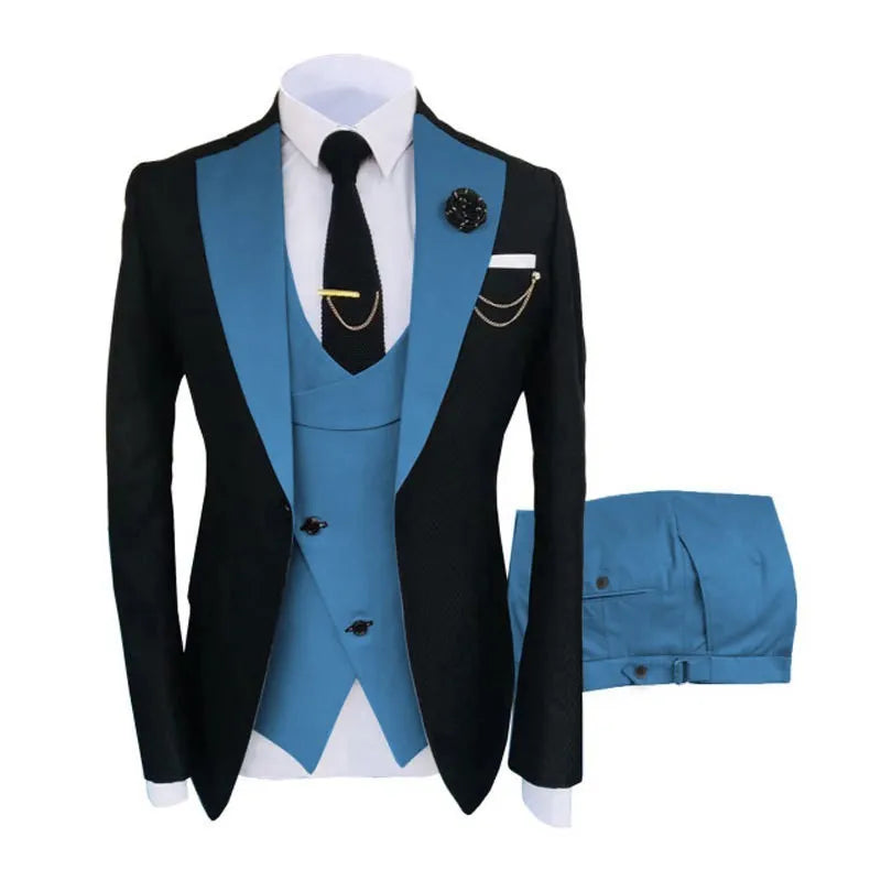Men's slim fit cotton three-piece suit in a light business style, shown with coat, vest, and trousers.