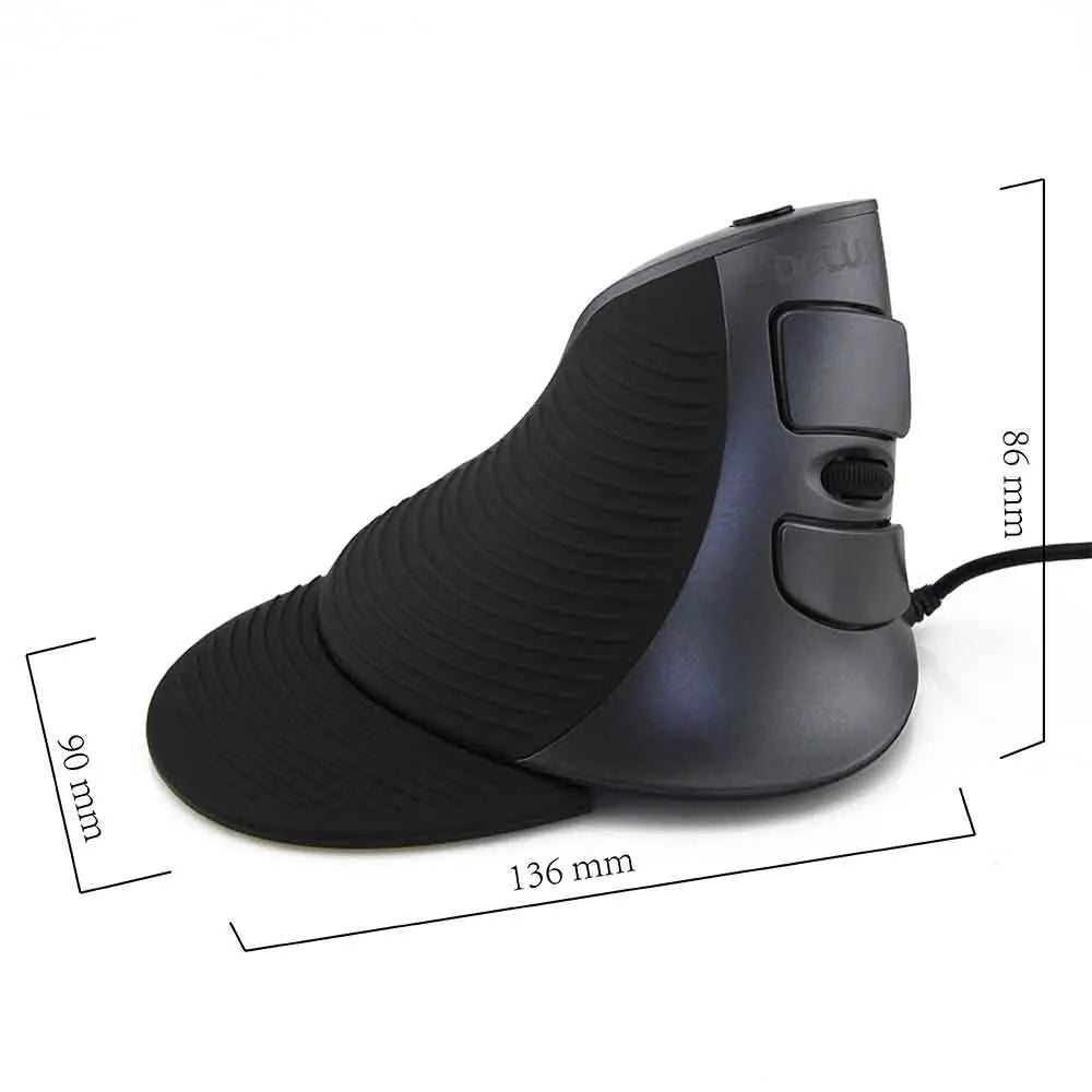 Black ergonomic vertical wired mouse for right-handed desktop computer use.