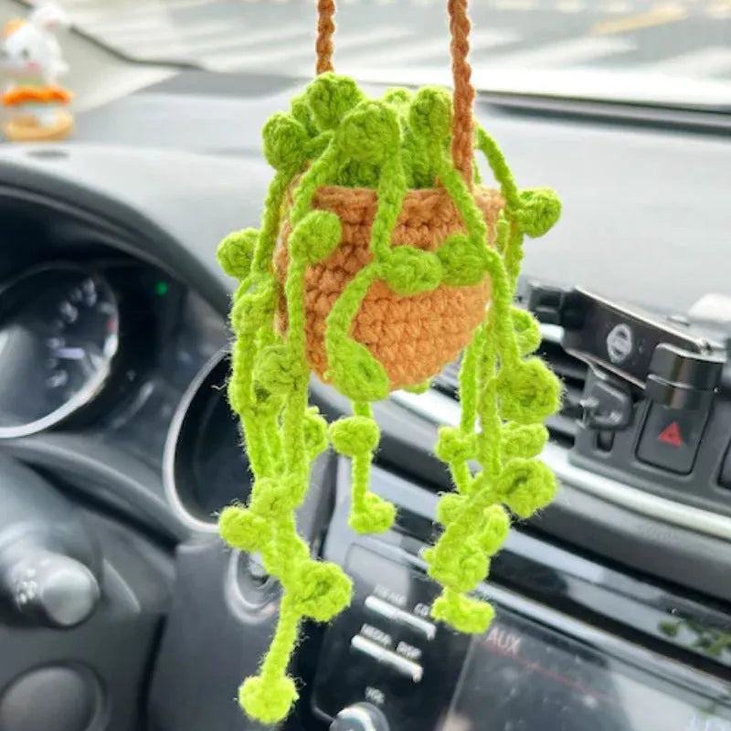 Green and white knitted car plant decoration with hanging rope on 8cm plastic base
