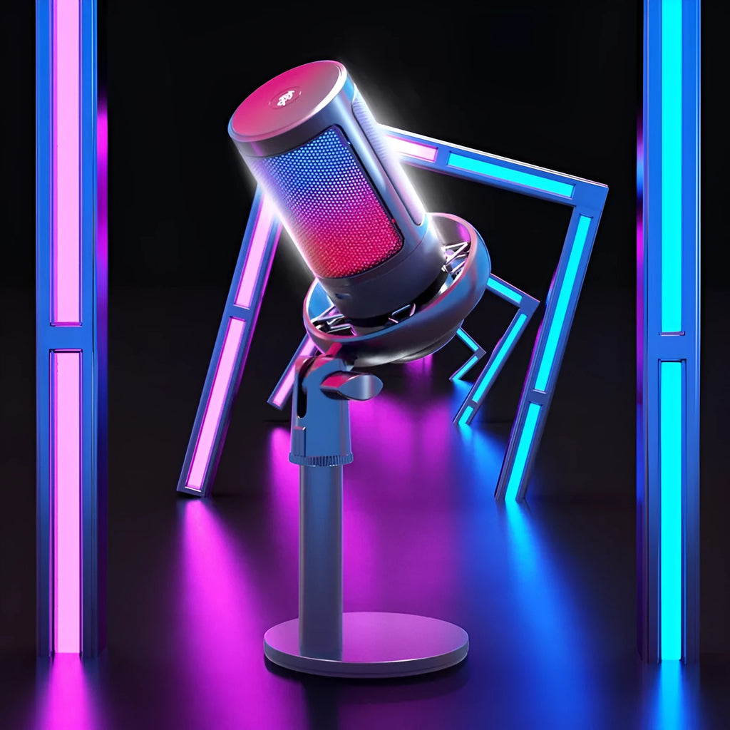 USB condenser microphone with LED lighting effects in multiple colour configurations including standard, mesh, and cantilever options