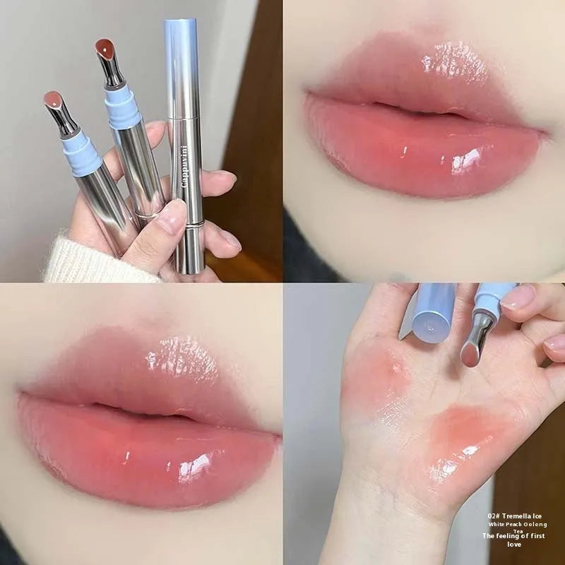 Mirror Water Light Lip Gloss Lipstick in six sheer shade options including Almond Ice and Raspberry Ice.