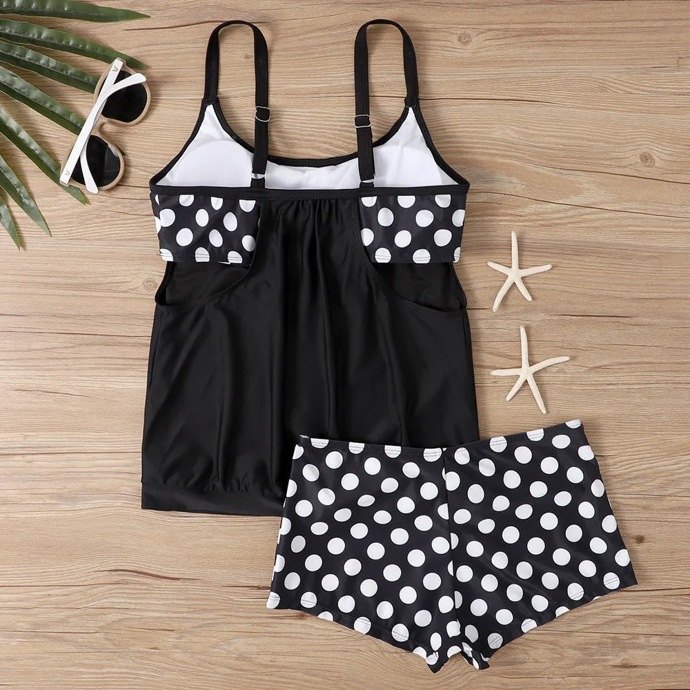 Women's split printed polka dot boxer swimsuit briefs in high-waist conservative style
