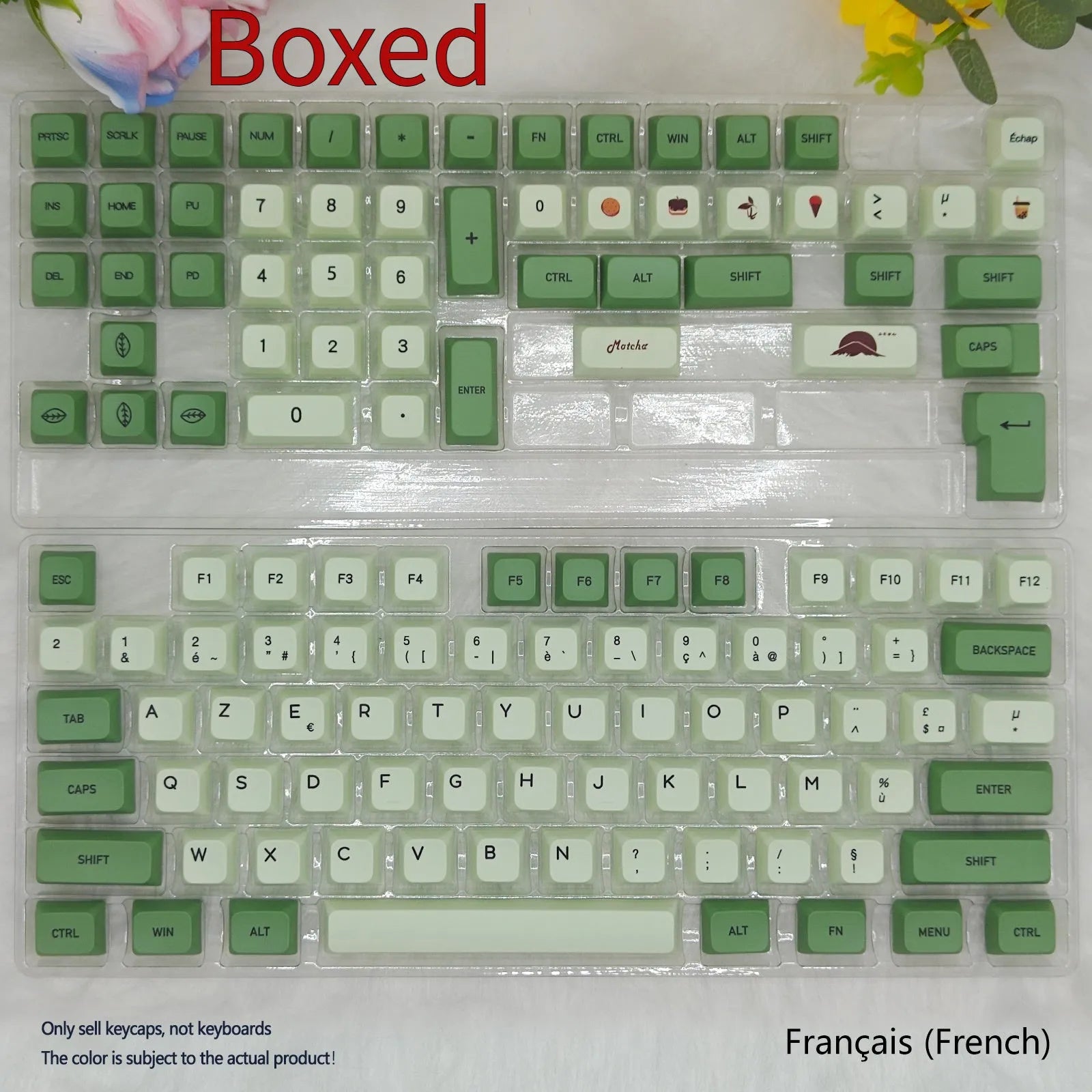 Matcha green PBT keycap set with 124 keys for mechanical keyboards, showing sublimation dye legends.