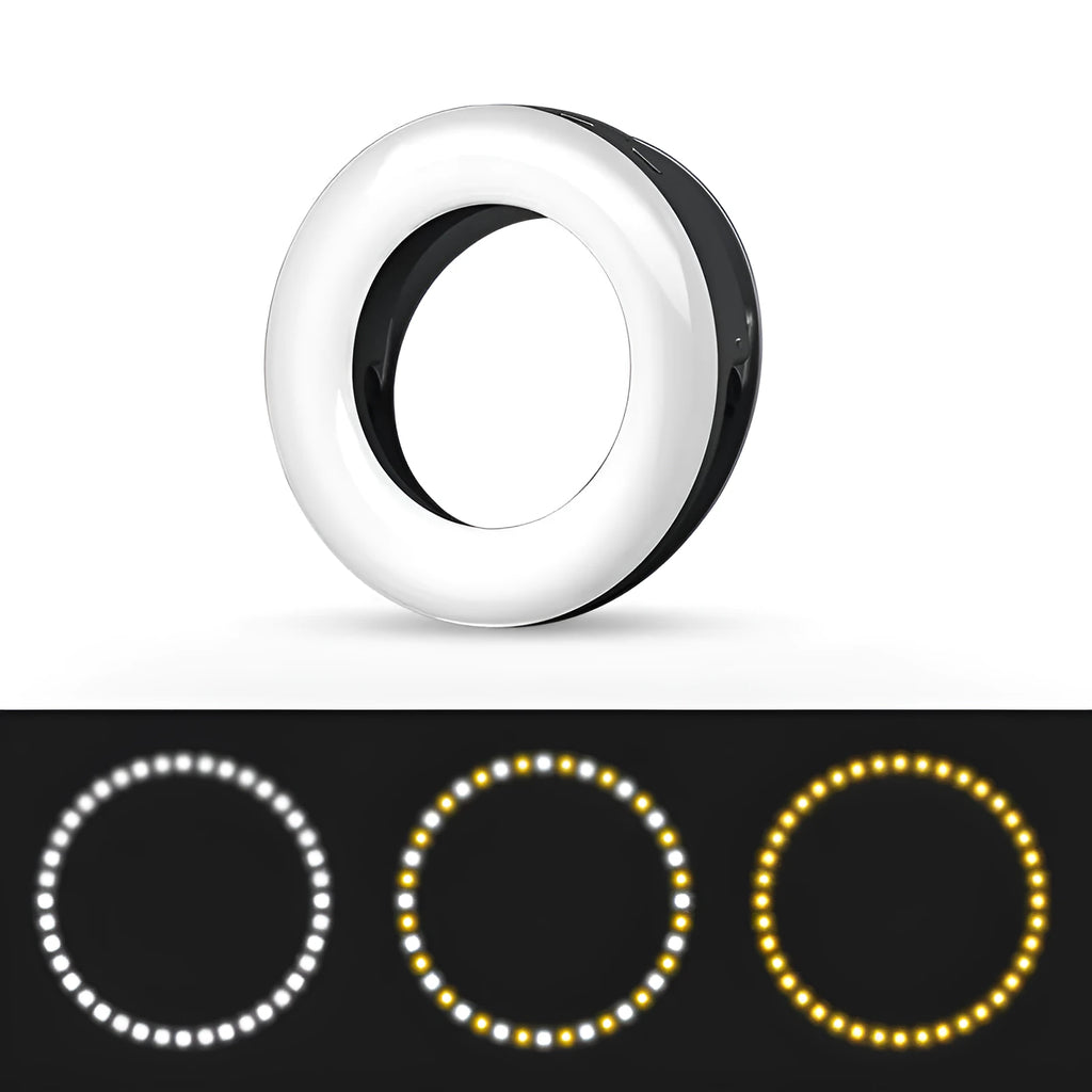 Compact black LED selfie ring light for mobile phone with USB cable for recharging.