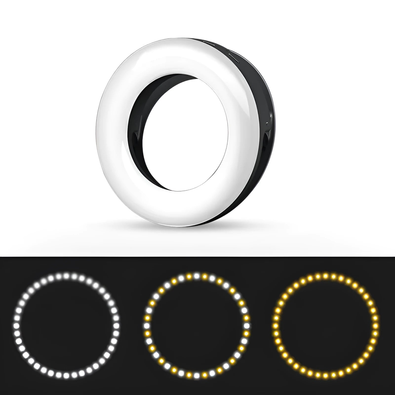 Compact black LED selfie ring light for mobile phone with USB cable for recharging.