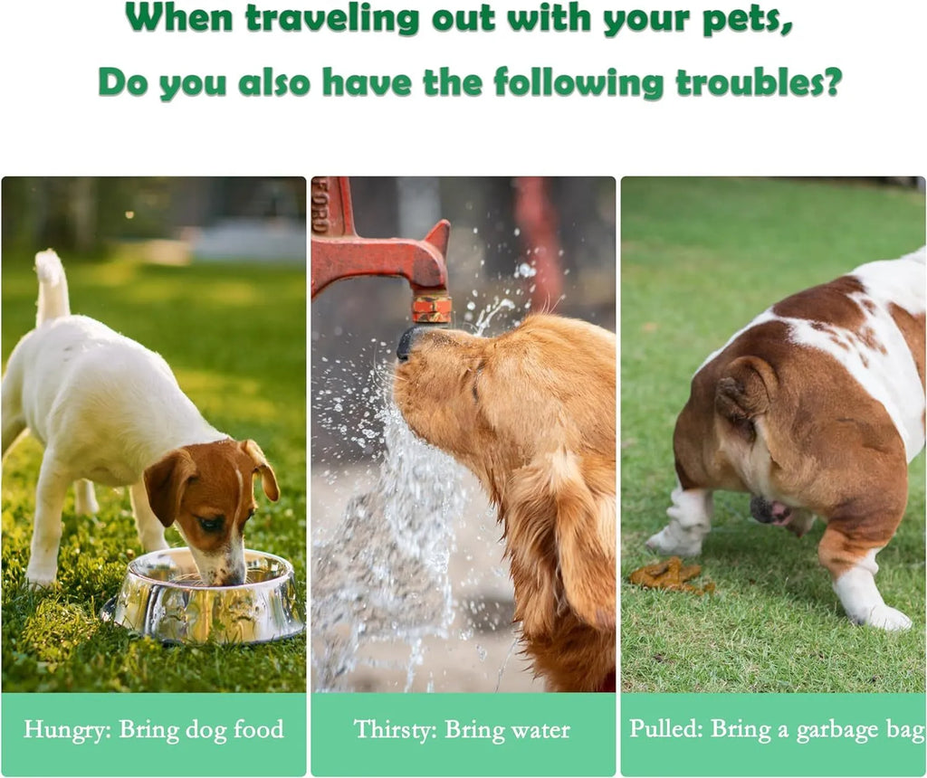 Green 3-in-1 pet water bottle with food container top and waste bag dispenser base, held by hand strap.