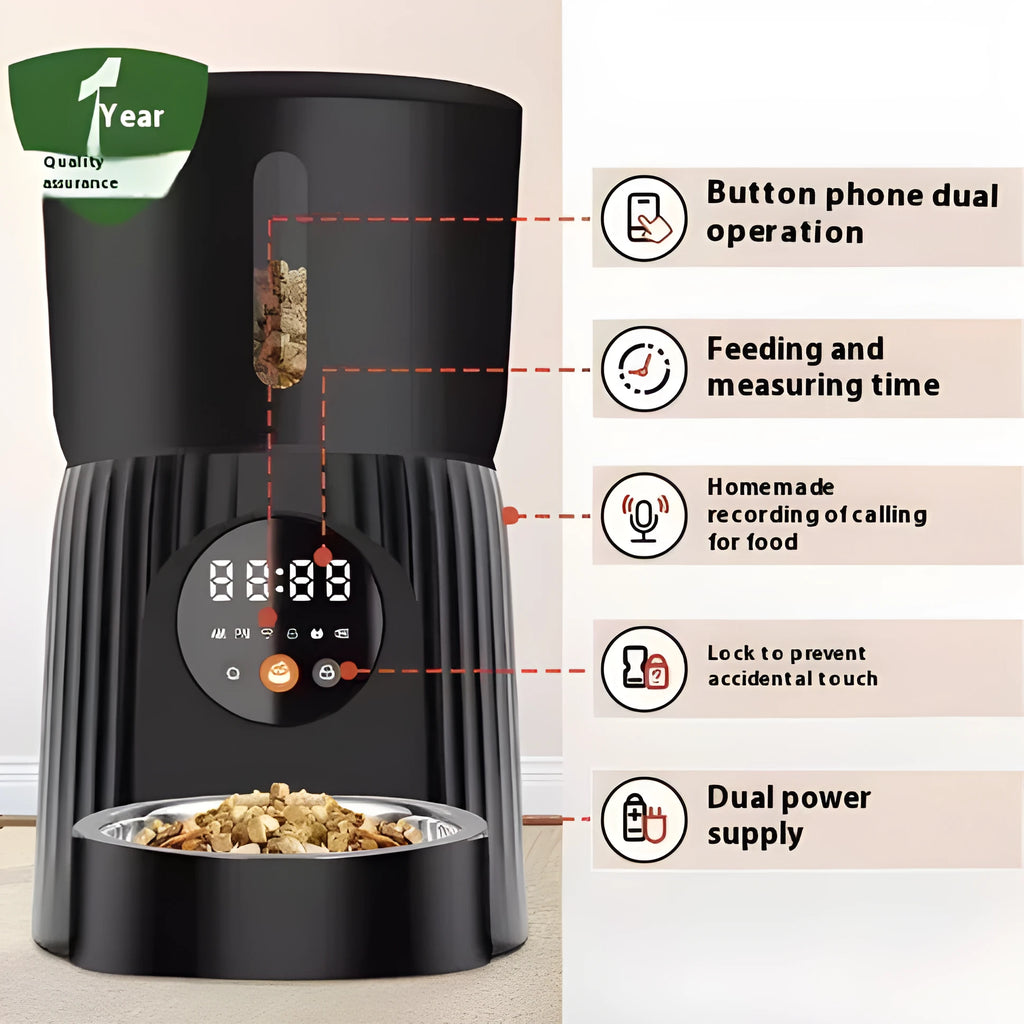 Black and white intelligent pet feeder with automatic timing and remote control functions