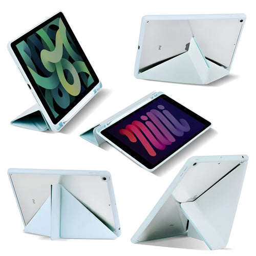 Acrylic Y folding iPad protective case in dark grey showing folding stand and built-in pen slot