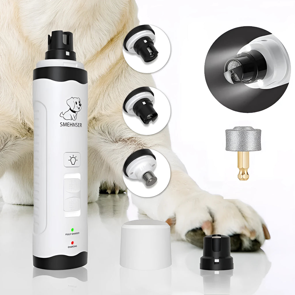 White electric dog nail trimmer with LED display showing speed settings and dust collection compartment